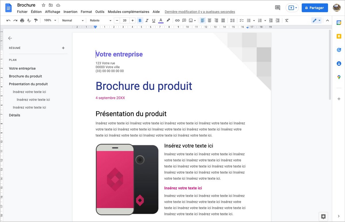 Google Workspace - Document ouvert dans l'outil Docs